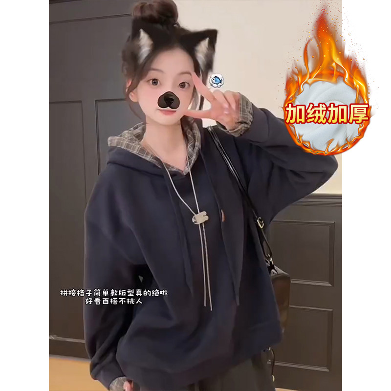 秋冬韩系学院风格纹拼接连帽卫衣女学生宽松百搭加绒加厚套头上衣