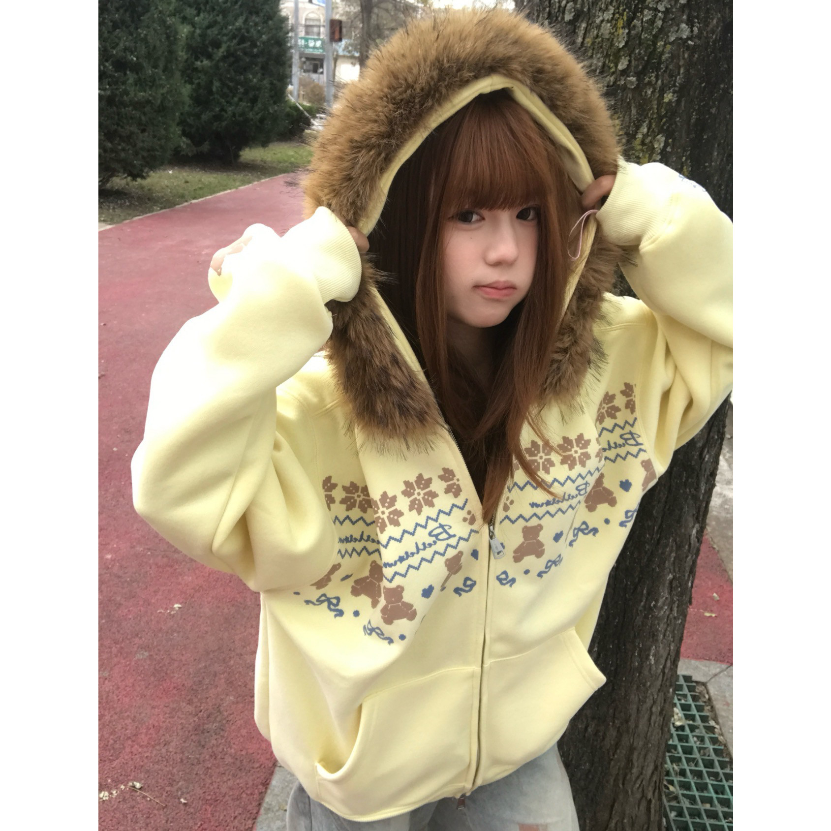 秋冬复古美式费尔岛可爱小熊毛领连帽卫衣女学生慵懒宽松加绒外套