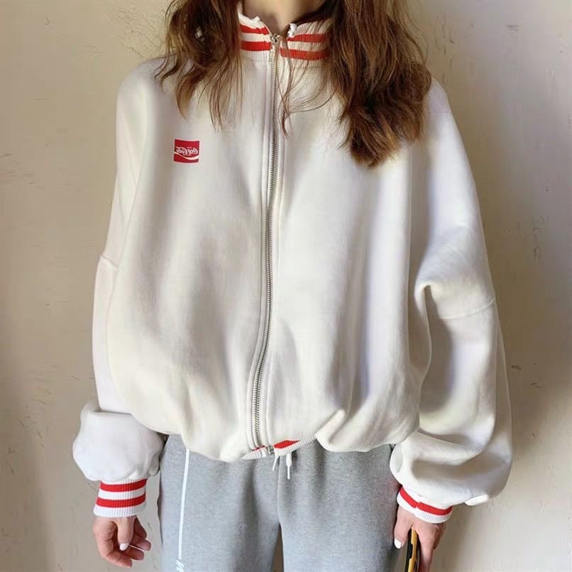 秋冬复古韩系运动风撞色拼接立领卫衣女加绒加厚宽松百搭学生外套