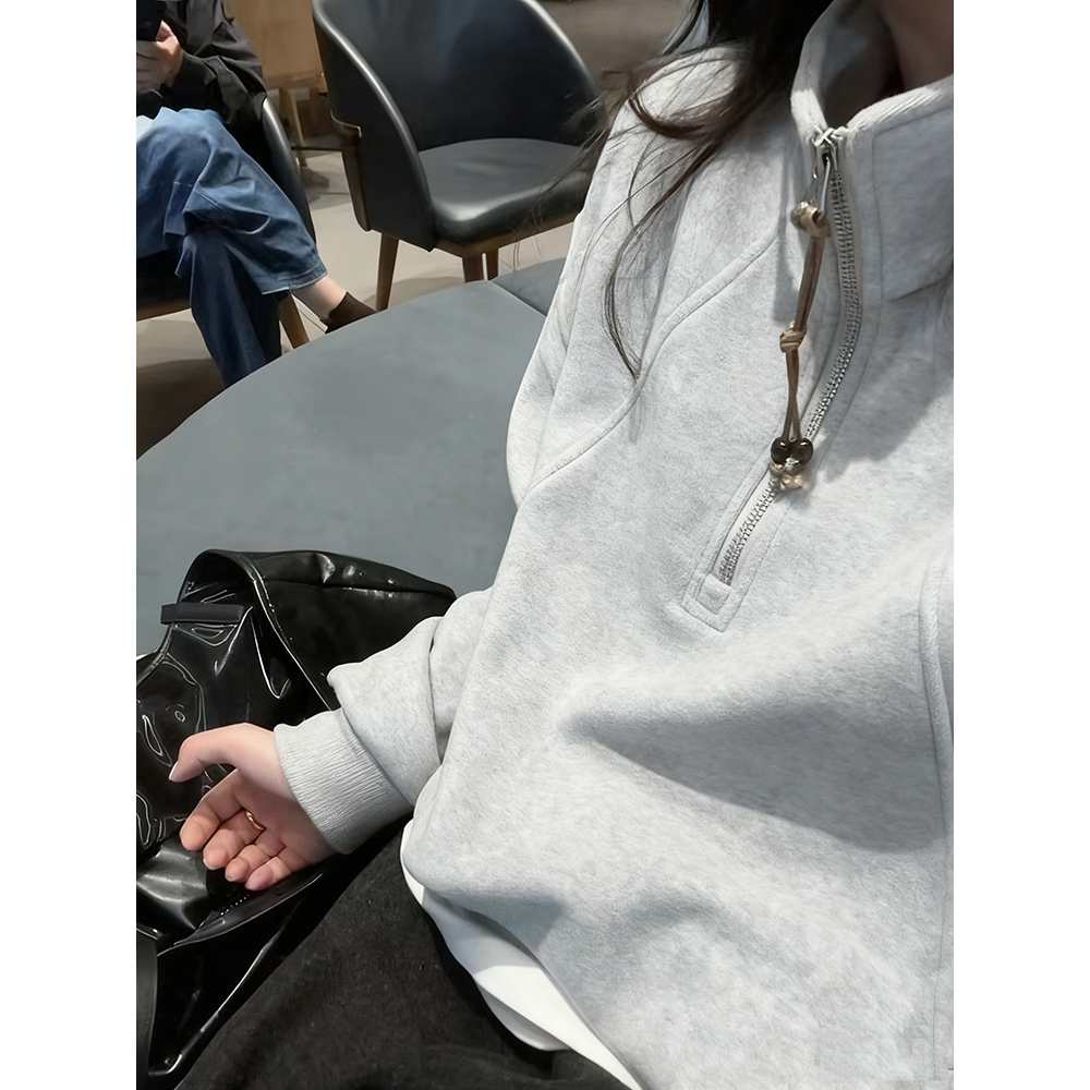 秋冬韩系复古学院风半拉链抽绳立领卫衣女宽松松弛感加绒加厚外套