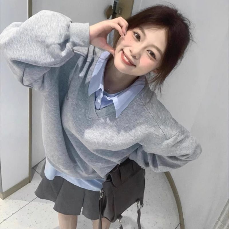 秋冬新款韩版假两件刺绣撞色拼接polo领卫衣女宽松慵懒风加绒上衣