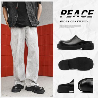 2025新款头层牛皮德比包头拖鞋男厚底外穿半拖黑色感皮鞋