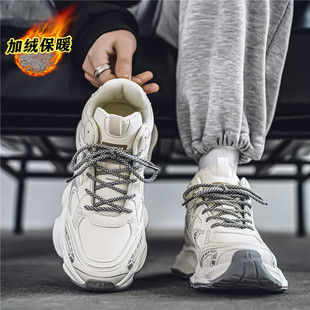 莆田男鞋冬季加绒透气纯白运动鞋男款厚底跑步防滑老爹鞋2024