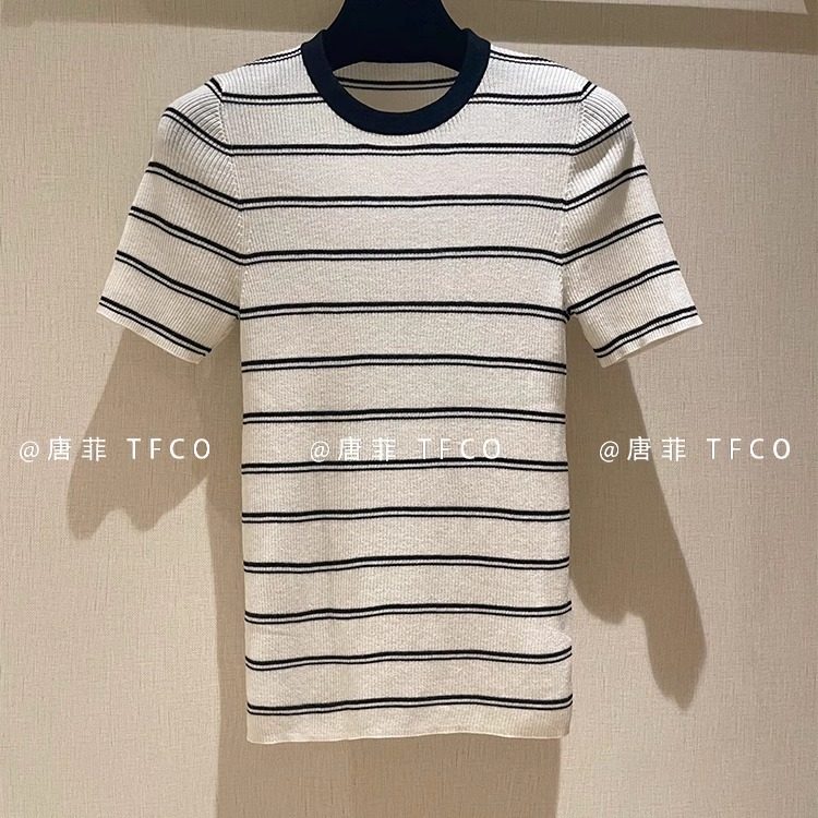 强推！过验高品货~簿款羊毛针织衫 新款黑白细条纹短袖上衣女修身