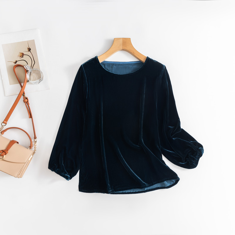 简约气质真丝丝绒衬衣女圆领套头