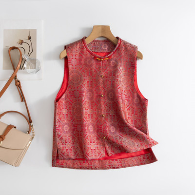 红八达运真丝宋锦马甲女圆领开衫