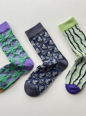 秋冬绿色几何线条浮雕袜子女日系复古立体花朵中筒袜ins潮堆堆袜