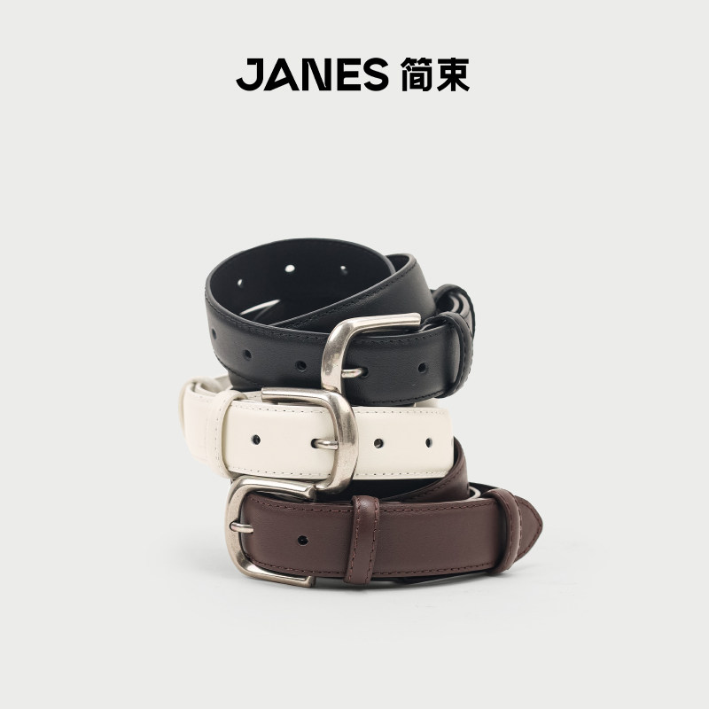 田曦薇同款 JANES简束复古银扣黑色腰带女款2026新款潮流真皮皮带图片