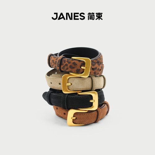 JANES简束复古豹纹磨砂皮腰带女士简约金扣设计感小众皮带配饰