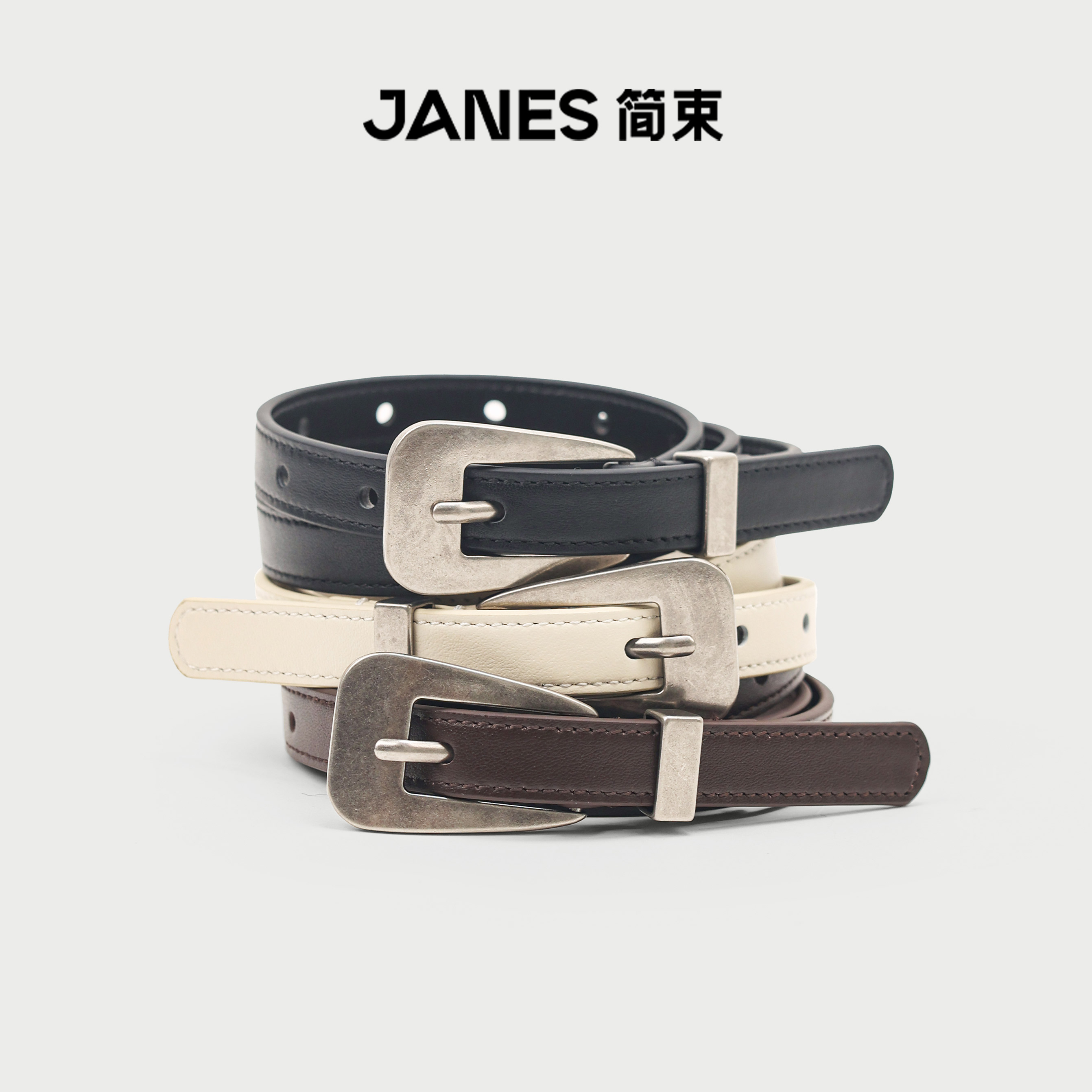 JANES简束真牛皮针扣细腰带女图片