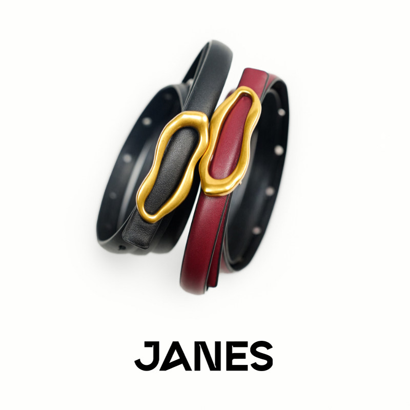 JANES简束设计感小众不规则金扣女士真皮细腰带头层牛皮百搭皮带图片