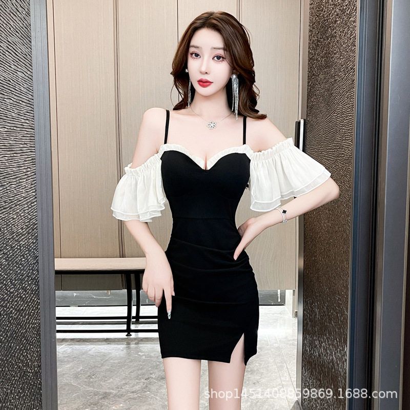 法式小黑裙新款时尚纯欲木耳边性感包臀开叉连衣裙生日宴会礼服裙