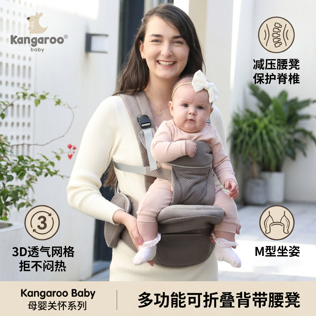 袋鼠仔仔宝宝腰凳婴儿轻便四季背带多功能宝宝前抱式可折叠坐凳