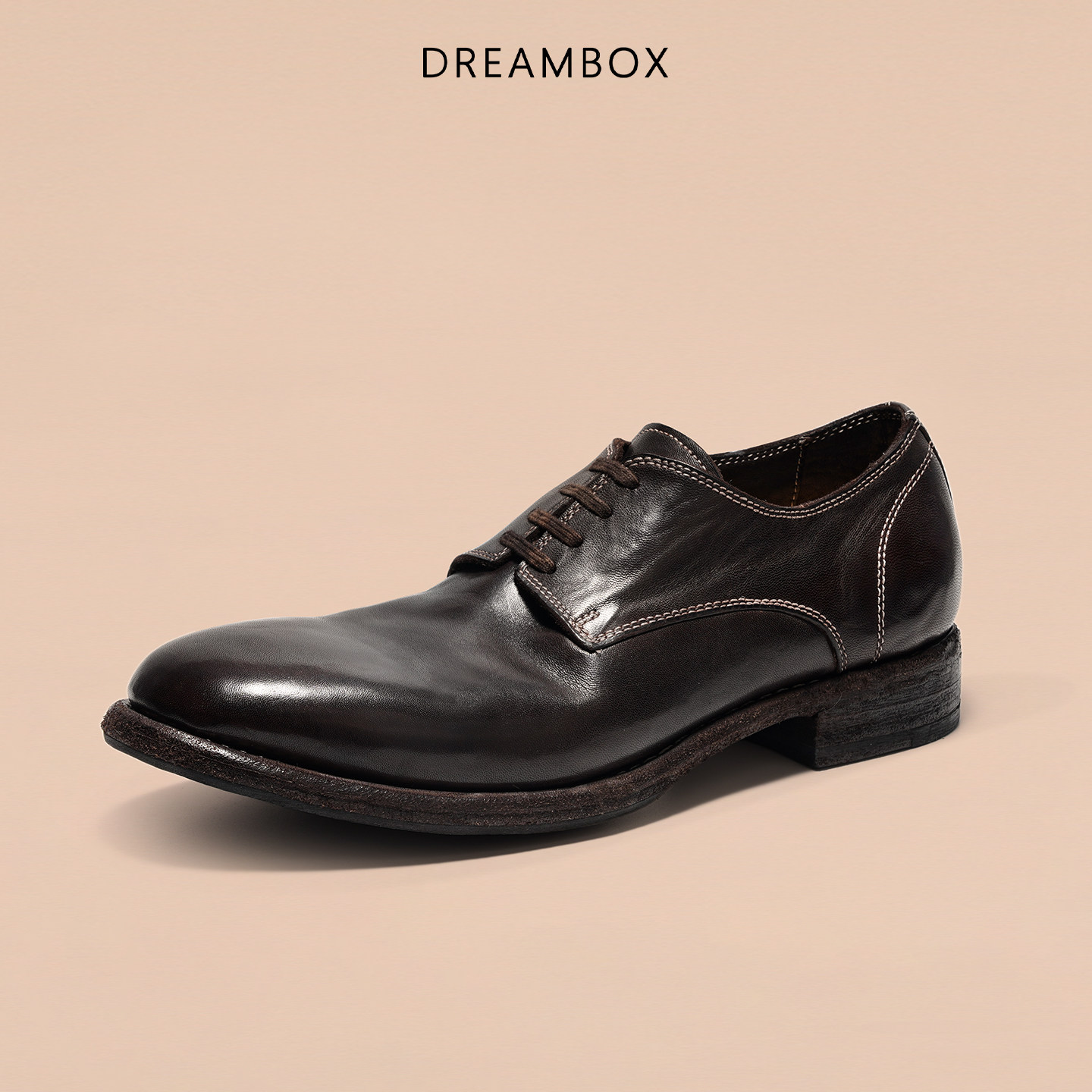 DREAMBOX钧博2026春夏新款石洗马皮休闲皮鞋纯手工薄款透气德比鞋