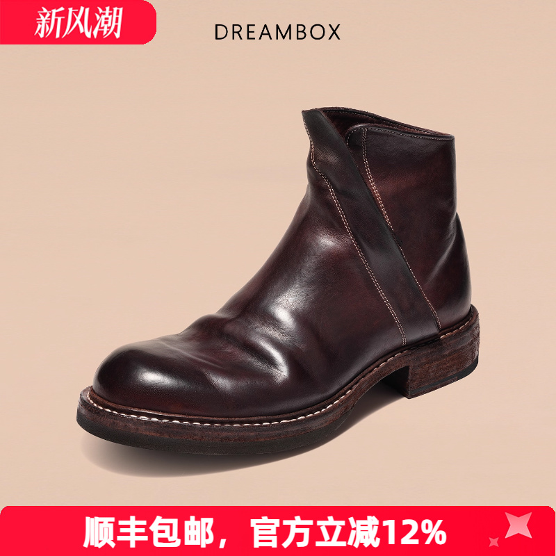 dreambox钧博男士高帮英伦风手工皮靴侧拉链水洗马皮做旧时装靴