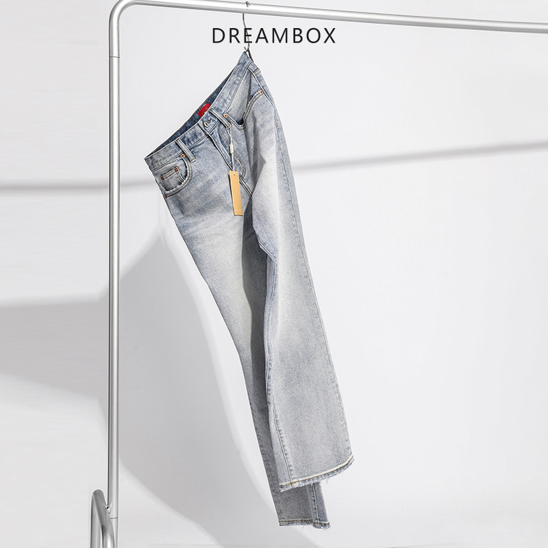 DREAMBOX钧博水洗复古浅蓝色拉链宽松直筒牛仔裤秋冬休闲裤子长裤