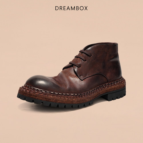 DREAMBOX钧博高端马臀皮复古短靴英伦风厚底手工固特异男士马丁靴