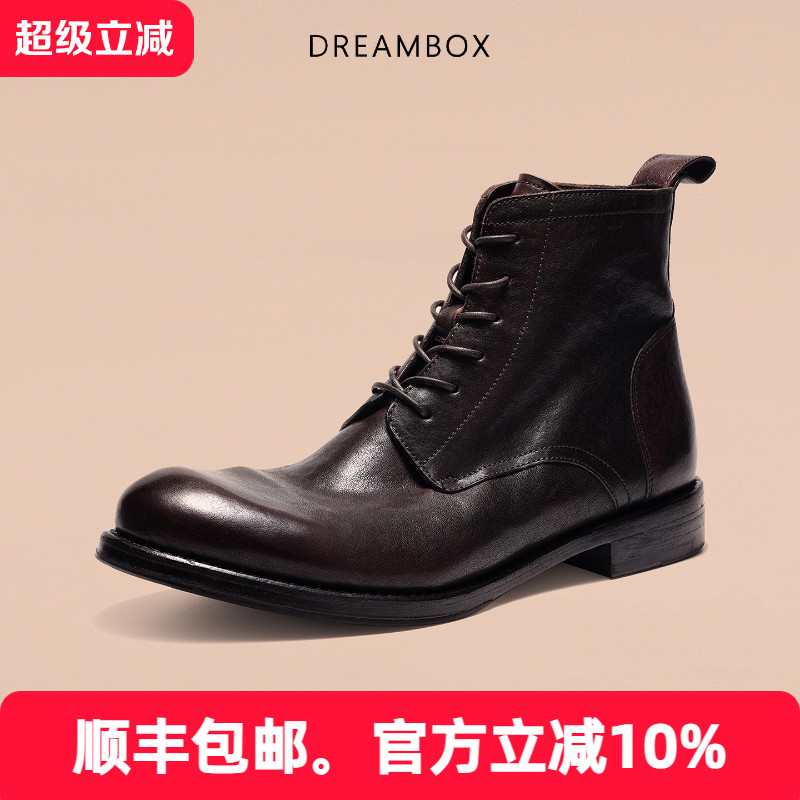dreambox钧博石洗马皮高帮皮鞋英伦复古马丁靴2025新款手工皮靴