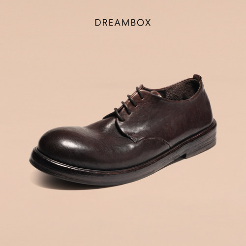 DREAMBOX钧博石洗马皮透气舒适休闲皮鞋纯手工皮底英伦大头德比鞋