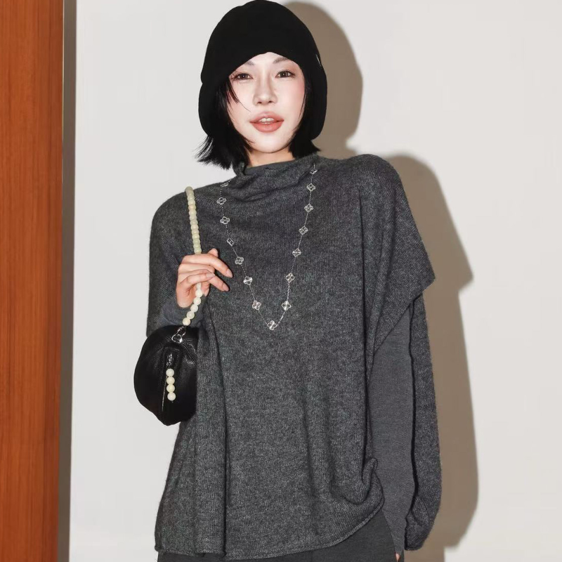 牦牛绒羊毛堆堆领灰色斗篷式毛衣
