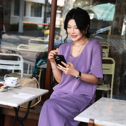 PENNYPENG 轻紫调 极简风U领短袖T恤松紧腰半裙时髦摩登随性套装