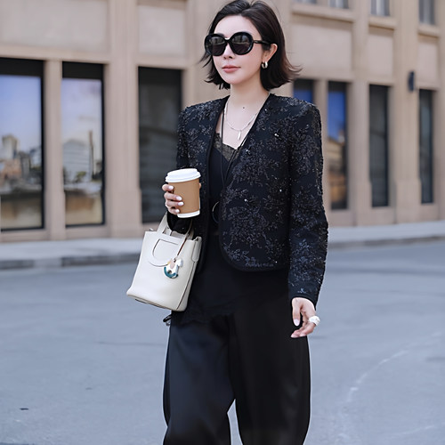 荆棘玫瑰黑色重工亮片短外套