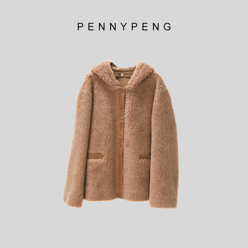 慢调巴黎卡其连帽羊驼毛羊毛外套