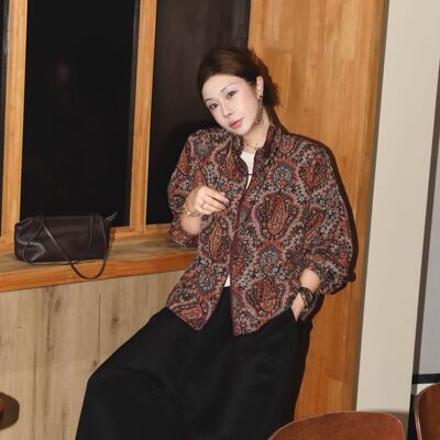 红云纱真丝马甲时髦印花外套套装