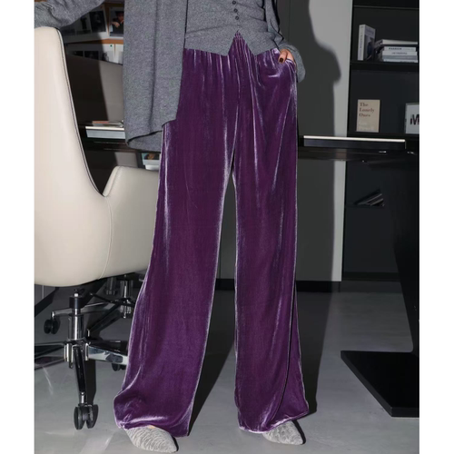 松弛感松紧腰真丝丝绒直筒裤