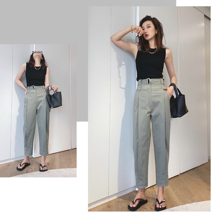 PENNYPENG 青灰色休闲萝卜裤薄款显瘦宽松百搭垂感高腰直筒裤子