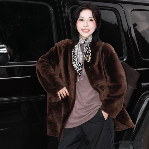 【羊毛革】PENNYPENG画廊漫步棕色气质中长款复古皮毛一体外套