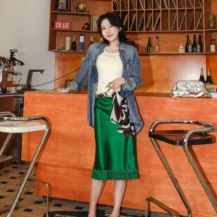 PENNYPENG 黑标系列复古绿色醋酸优雅气质蕾丝拼接半裙 亲密爱人