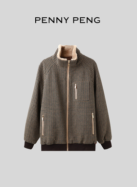 PENNYPENG 猎装夹克 秋冬高级撞色格纹时尚千鸟格鹅绒保暖外套