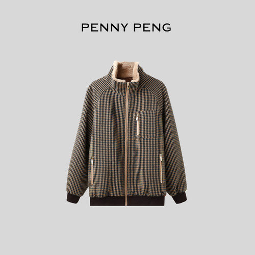 撞色格纹时尚千鸟格鹅绒保暖外套