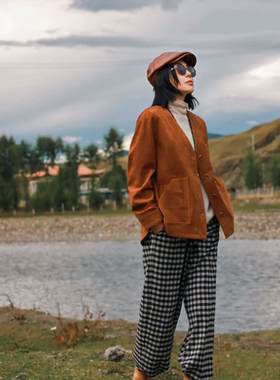 PENNYPENG牧神黄昏 黑标系列老钱风棕色牛皮V领显瘦外套DG08040