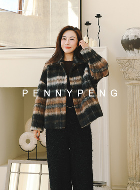 PENNYPENG冬日恋曲 黑棕格纹阿尔巴卡羊驼毛短款口袋外套 DT09045