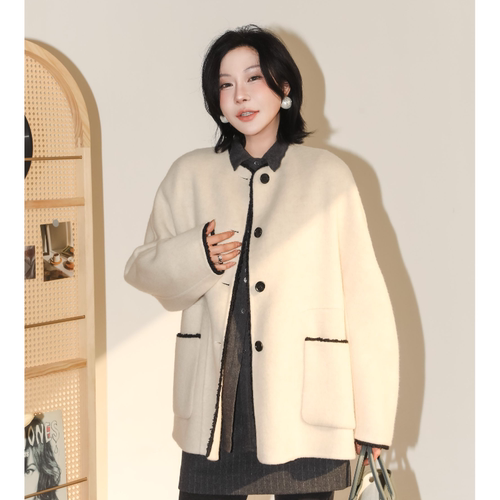 法式时髦文艺羊绒羊毛圆领外套