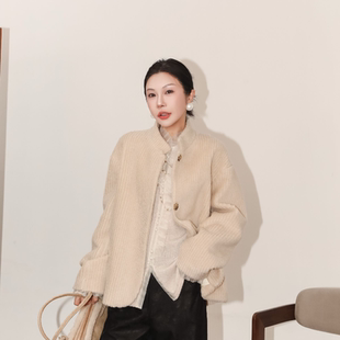PENNYPENG 冬日简讯 慵懒风羊毛羊绒新中式风小立领竖条设计外套