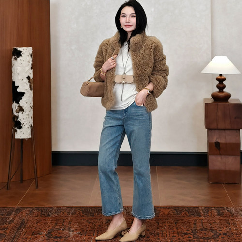 公主日记咖色保暖羊皮短外套