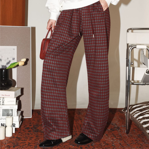 百搭抽绳高腰格纹弯刀阔腿裤