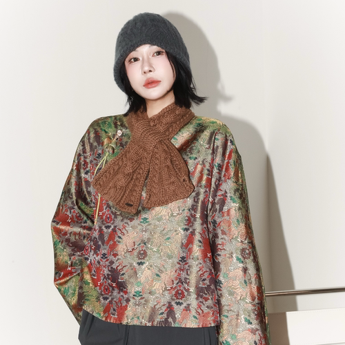 新中式国风圆领印花真丝外套