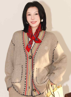 PENNYPENG虚构 双股28支4条编制纱线羊绒经典无龄感学院风V领开衫