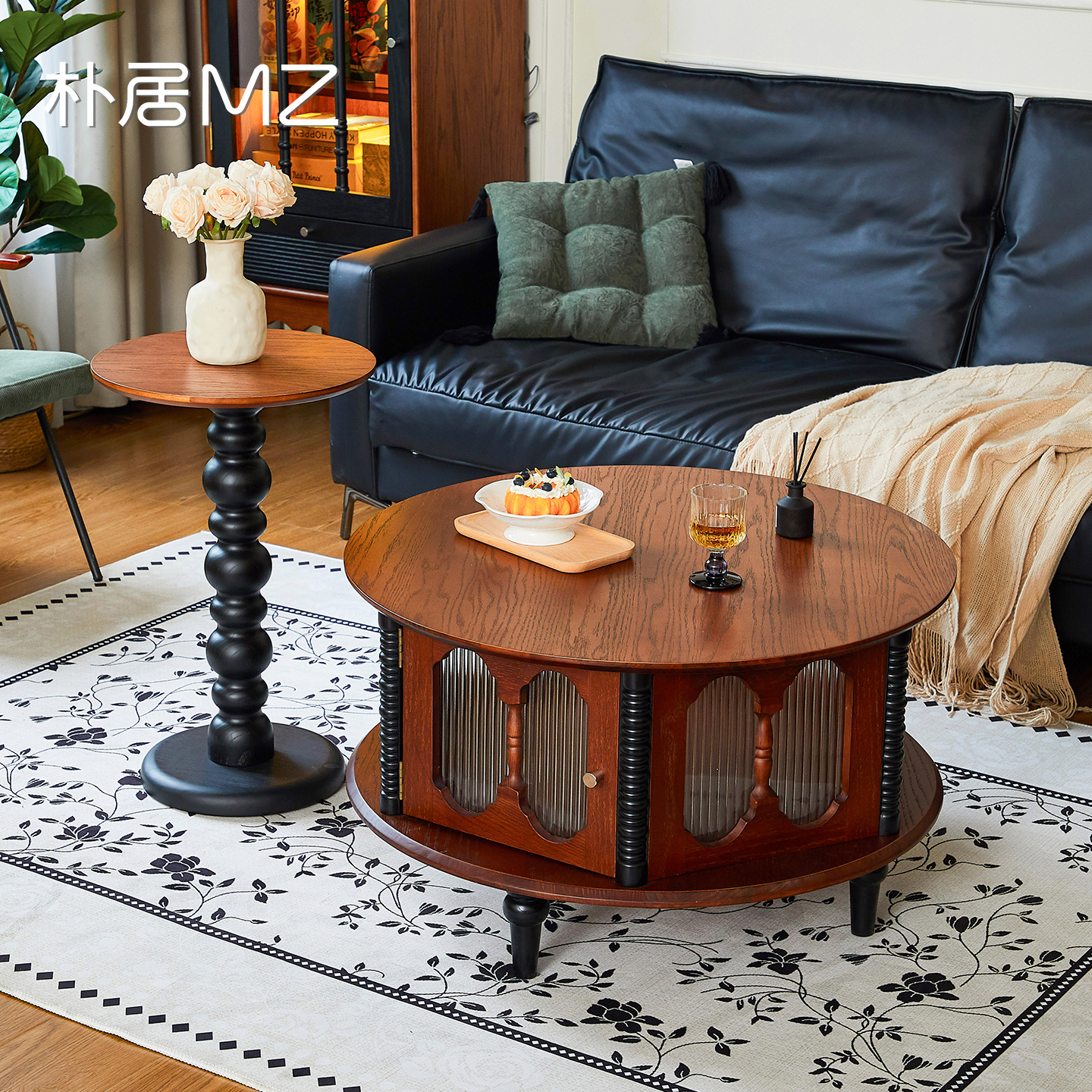 法式复古实木茶几圆形法式复古创意茶桌家用小桌子小户型客厅茶几