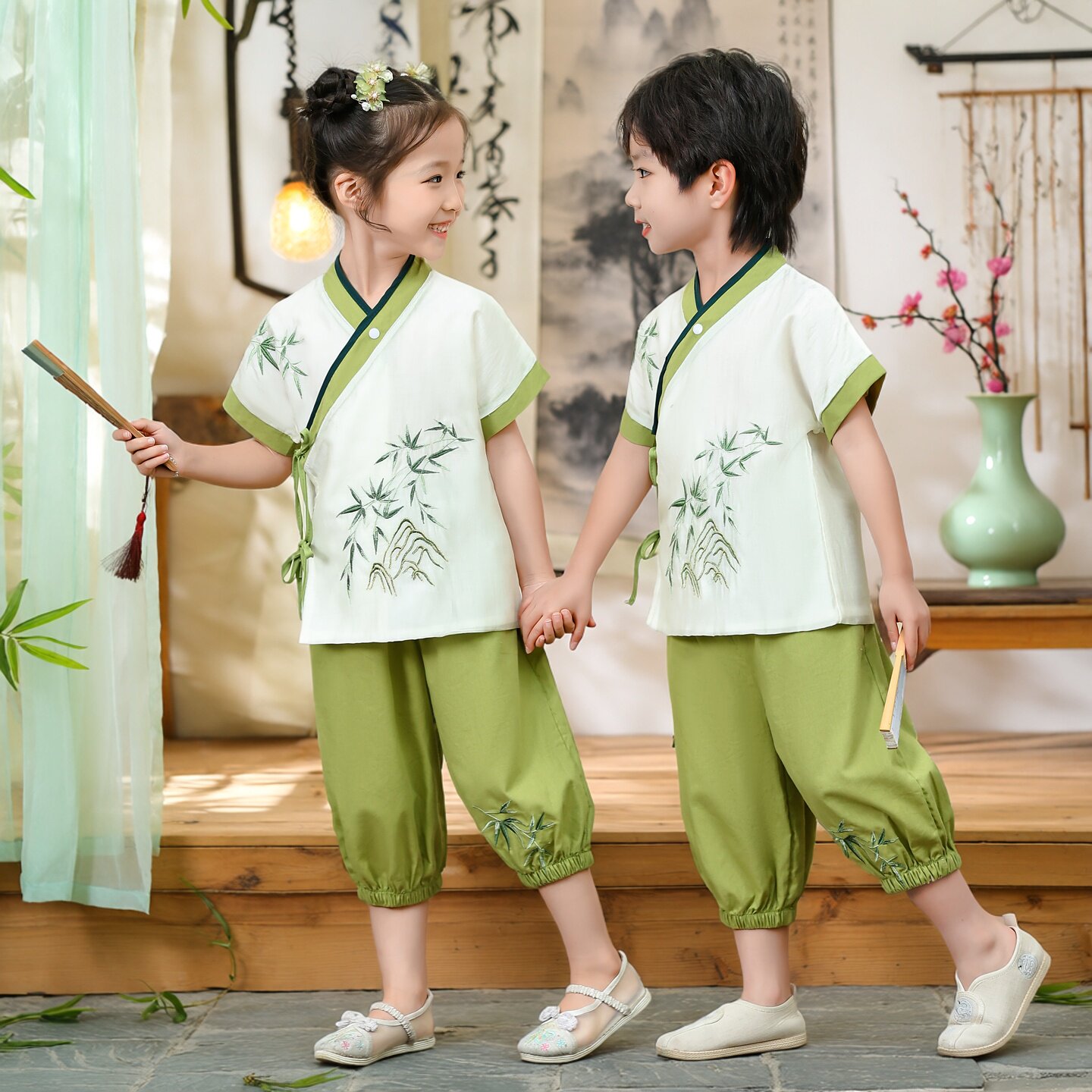 唐装中国风女童男童朗诵汉服中式夏季日常可穿幼儿园毕业演出服装
