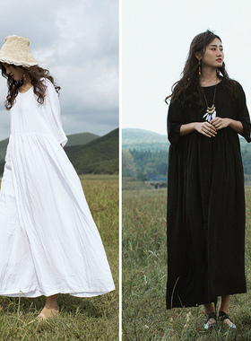 C83中国风旅行棉绸多色连衣裙文艺复古大袍子宽松大码超长茶禅服