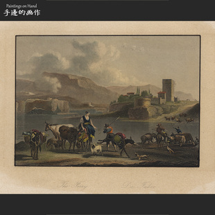 复古钢版 UNIVERSUM 画 渡船 PAYNE 德国1860年古董手工上色雕版