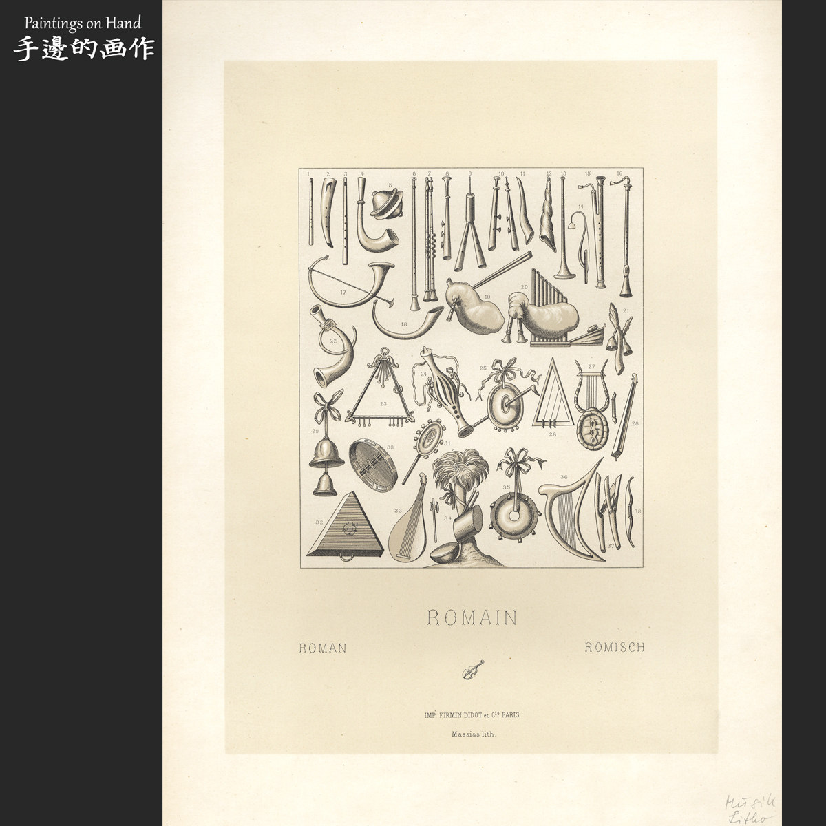 法国1888年古董平印+套色石印版画博物历史图鉴装饰画/罗马人乐器