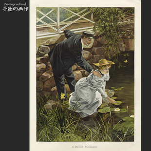 MODERNE 画 KUNST 采莲 关照 德国1890年古董木刻 爱 彩色石印版