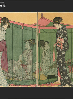 日本大正期浮世绘木刻版画 美人绘/喜多川歌麿/婦人泊リ客之圖2枚