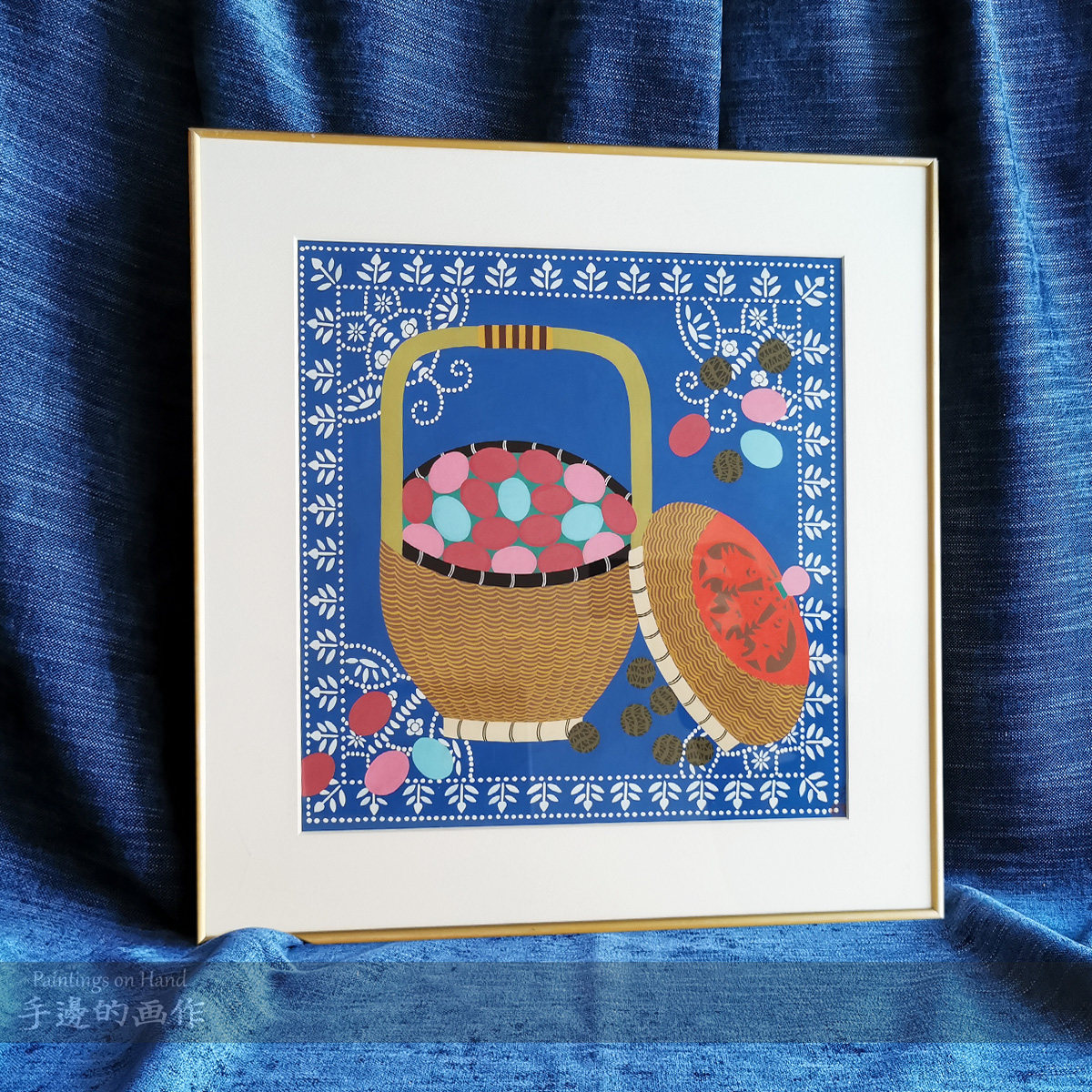 原创纯手绘多色装饰画 原作原件框画收藏品 民俗 工艺美术 竹篮